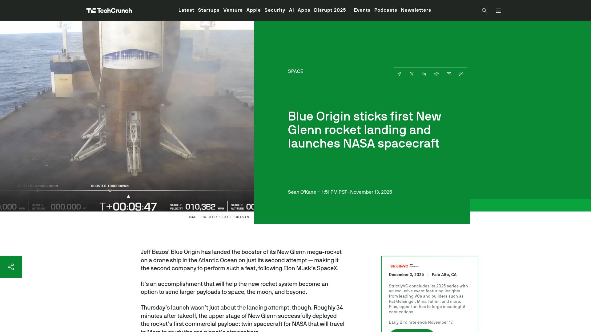 Screenshot of techcrunch.com: Blue Origin lands New Glenn rocket booster on second try