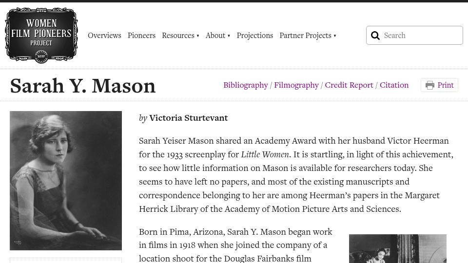 Screenshot of wfpp.columbia.edu: Sarah Mason, inventor of the continuity script, first script supervisor