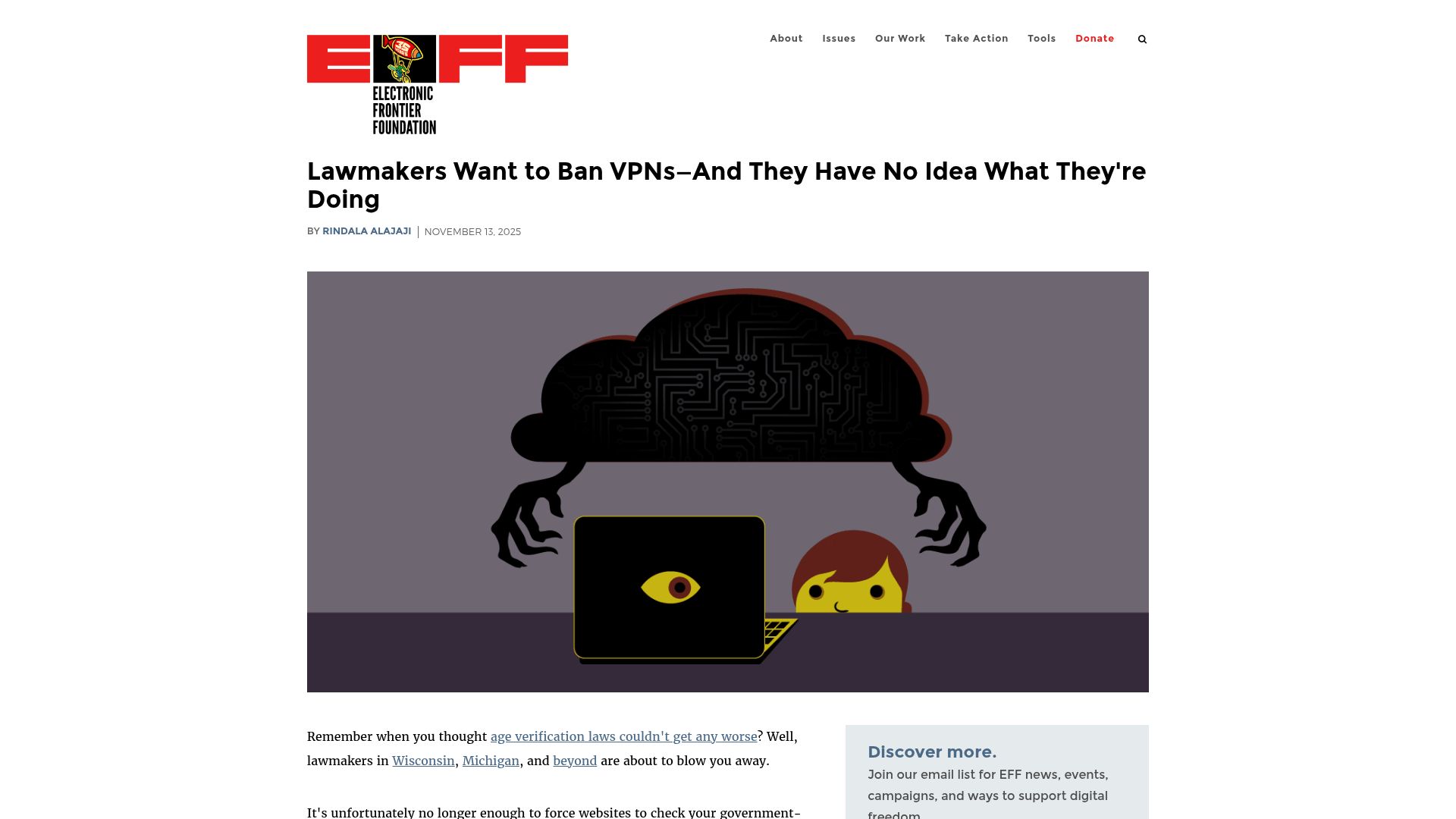 Screenshot of eff.org: Lawmakers want to ban VPNs