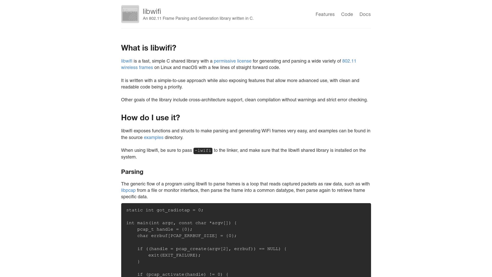 Screenshot of libwifi.so: libwifi: an 802.11 frame parsing and generation library written in C (2023)