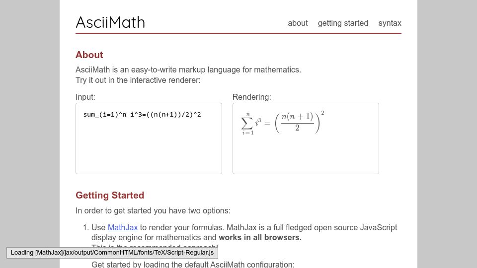 Screenshot of asciimath.org: AsciiMath