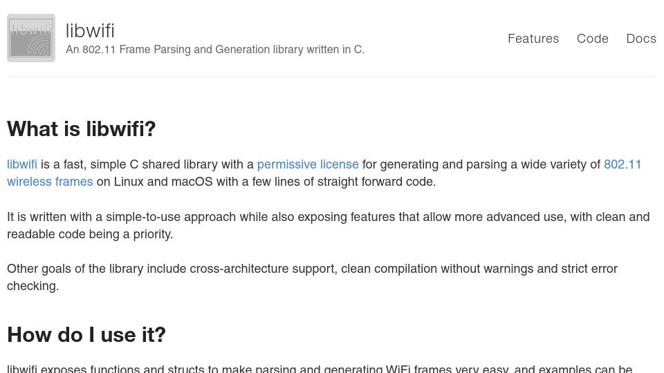 Screenshot of libwifi.so: libwifi: an 802.11 frame parsing and generation library written in C (2023)