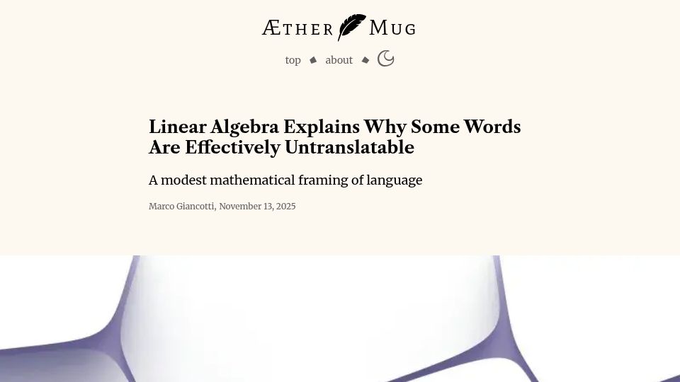 Screenshot of aethermug.com: Linear algebra explains why some words are effectively untranslatable
