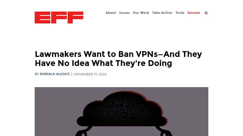 Screenshot of eff.org: Lawmakers want to ban VPNs