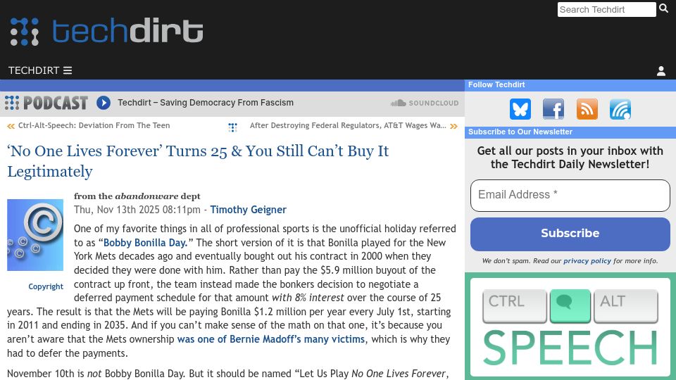 Screenshot of techdirt.com: 'No One Lives Forever' turns 25 and you still can't buy it legitimately