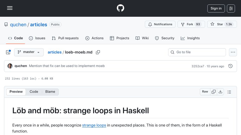 Screenshot of github.com: Löb and Möb: Loops in Haskell (2013)