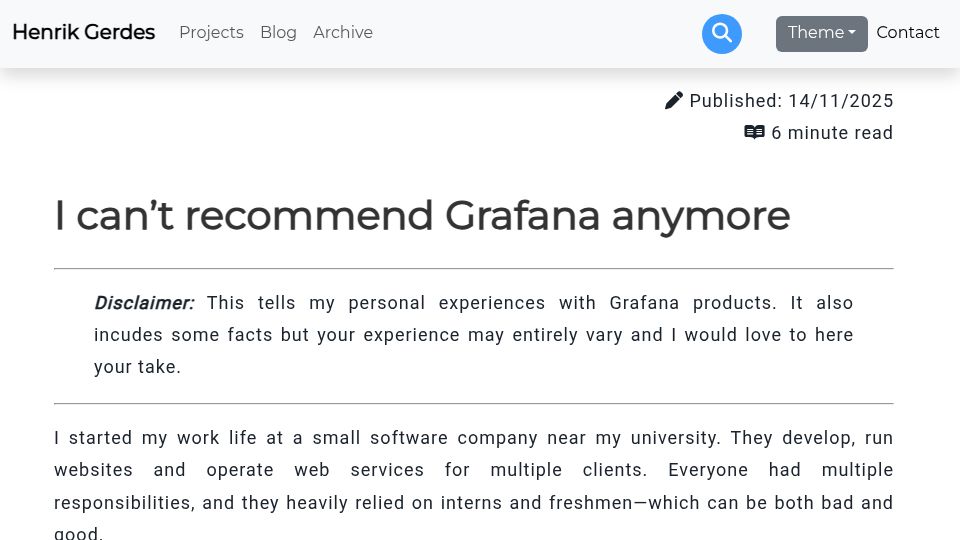 Screenshot of henrikgerdes.me: I can't recommend Grafana anymore