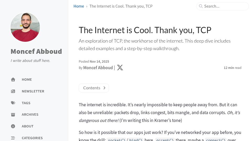 Screenshot of cefboud.com: TCP, the workhorse of the internet