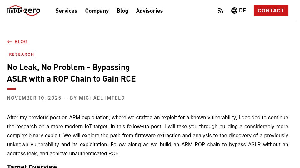 Screenshot of modzero.com: No Leak, No Problem – Bypassing ASLR with a ROP Chain to Gain RCE