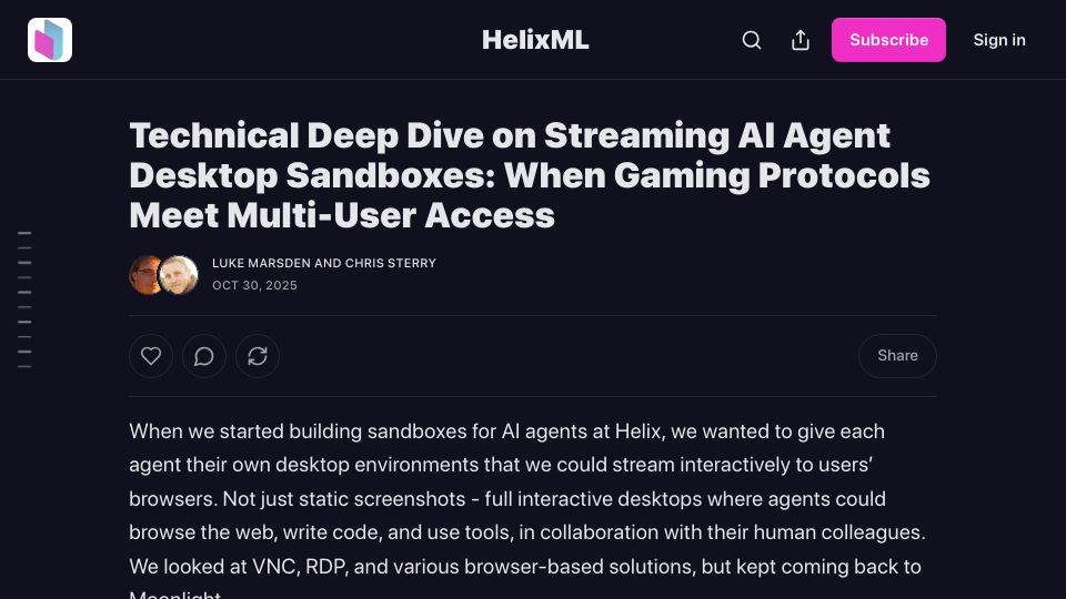Screenshot of blog.helix.ml: Streaming AI agent desktops with gaming protocols