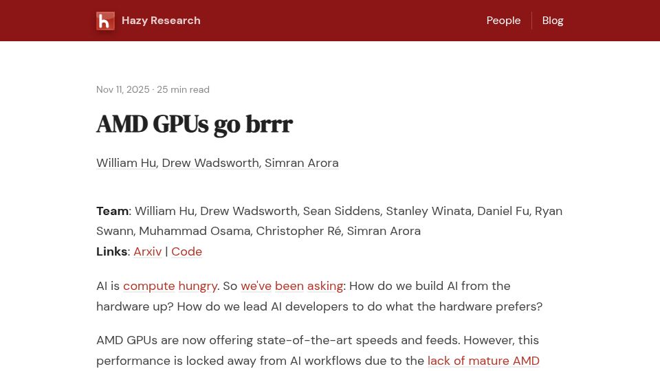 Screenshot of hazyresearch.stanford.edu: AMD GPUs Go Brrr