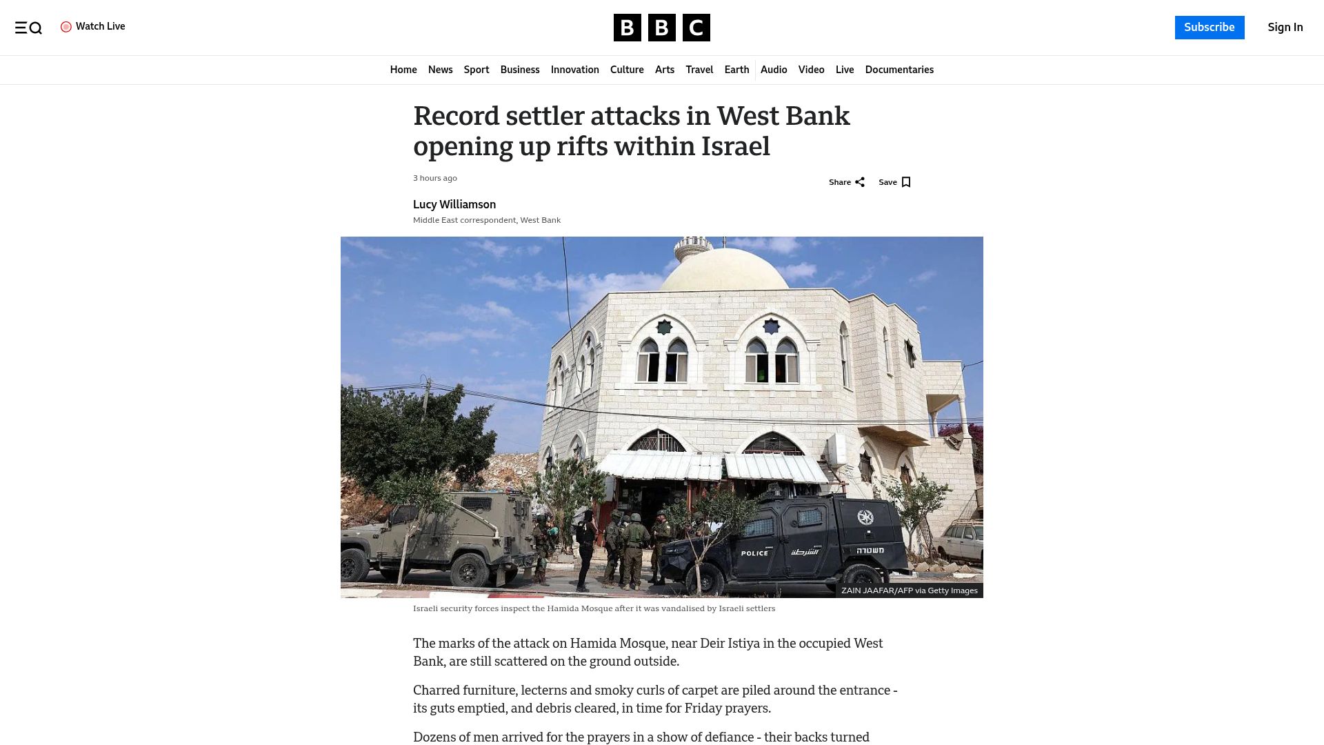 Screenshot of bbc.com: Record settler attacks in West Bank opening up rifts within Israel