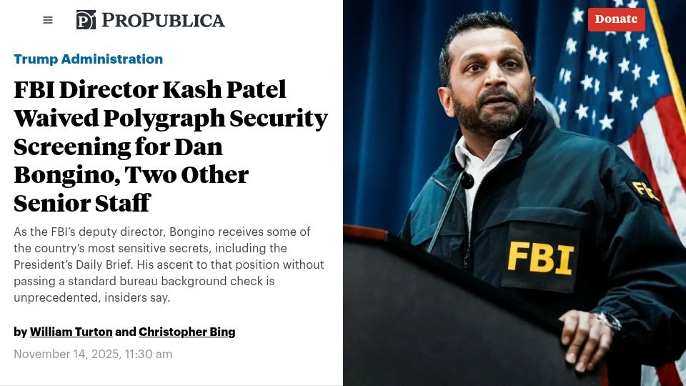 Screenshot of propublica.org: FBI Director Waived Polygraph Security Screening for Three Senior Staff