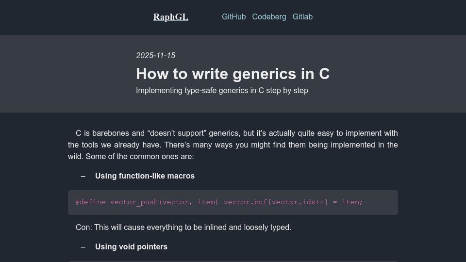 Screenshot of raphgl.github.io: How to write type-safe generics in C