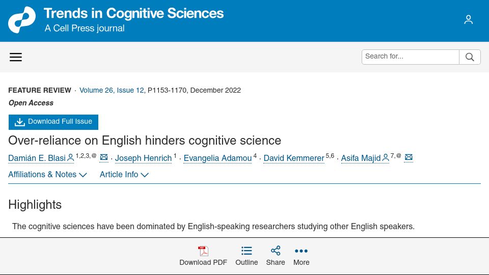 Screenshot of cell.com: Over-reliance on English hinders cognitive science