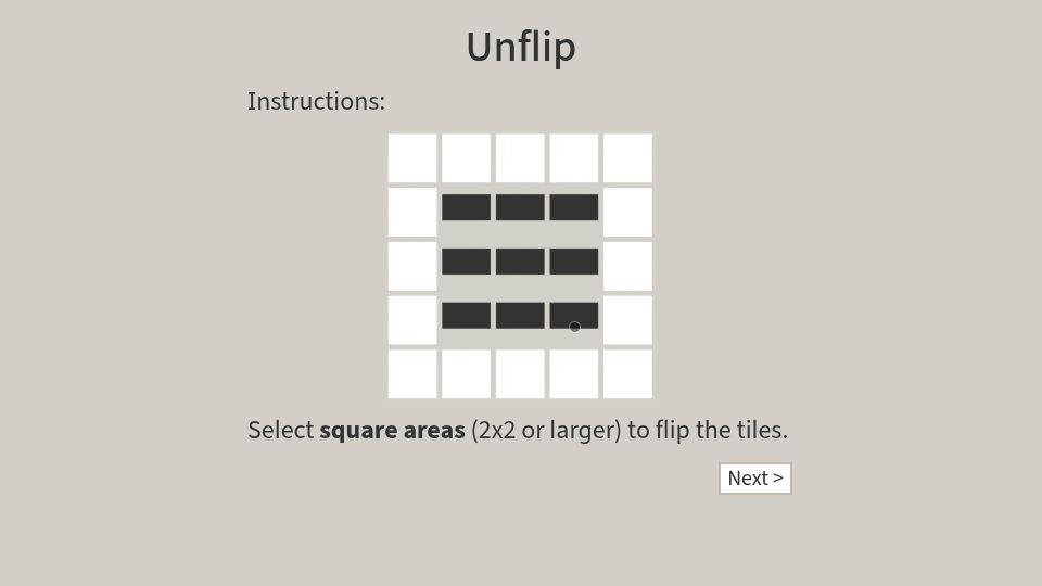 Screenshot of unflipgame.com: Show HN: Unflip – a puzzle game about XOR patterns of squares