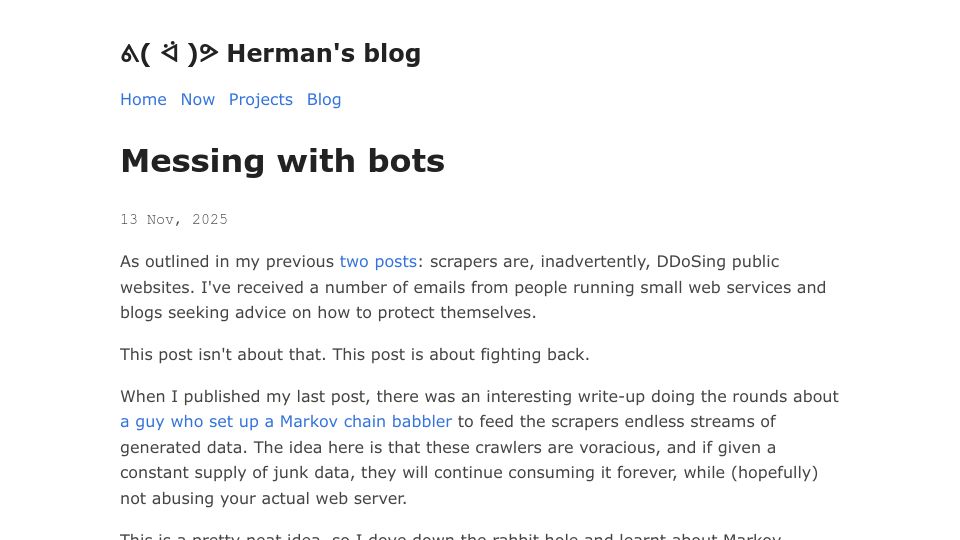 Screenshot of herman.bearblog.dev: Messing with scraper bots