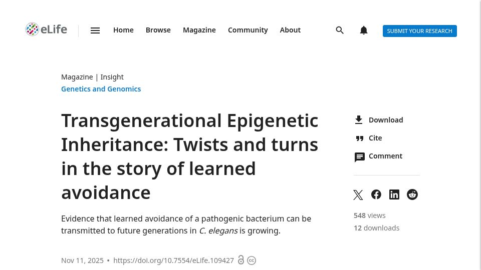 Screenshot of elifesciences.org: Transgenerational Epigenetic Inheritance: the story of learned avoidance