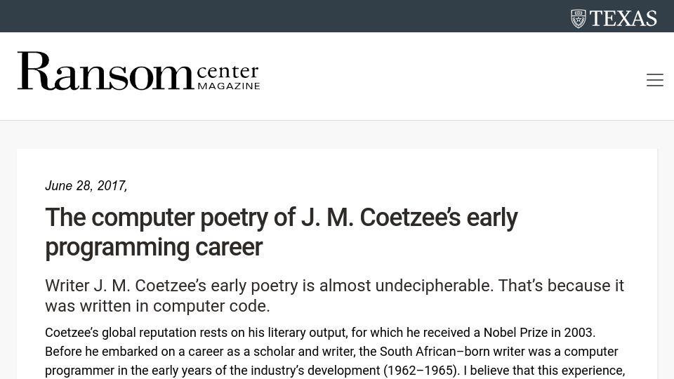 Screenshot of sites.utexas.edu: The computer poetry of J. M. Coetzee's early programming career (2017)