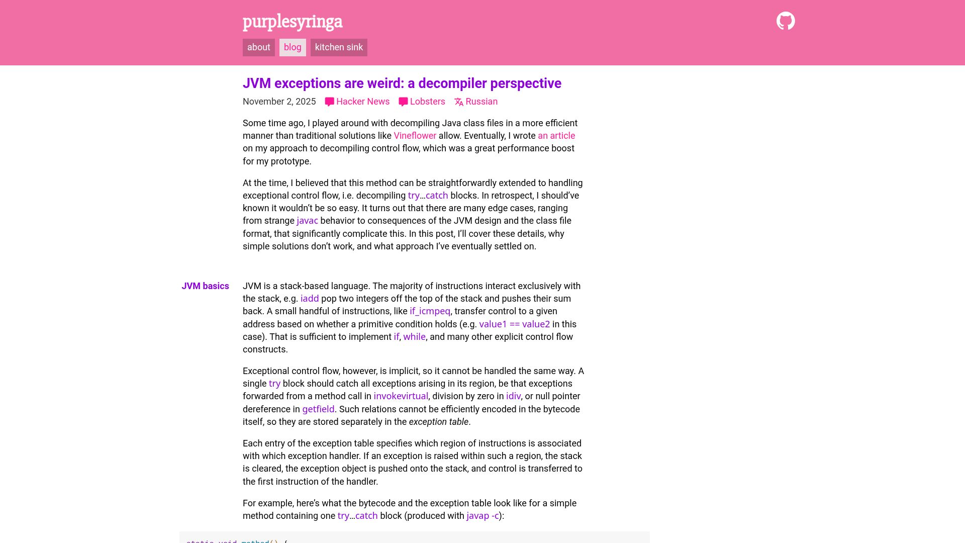 Screenshot of purplesyringa.moe: JVM exceptions are weird: a decompiler perspective
