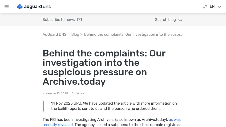 Screenshot of adguard-dns.io: Our investigation into the suspicious pressure on Archive.today