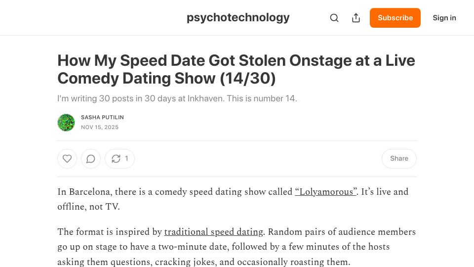 Screenshot of psychotechnology.substack.com: How My Speed Date Got Stolen Onstage at a Live Comedy Dating Show