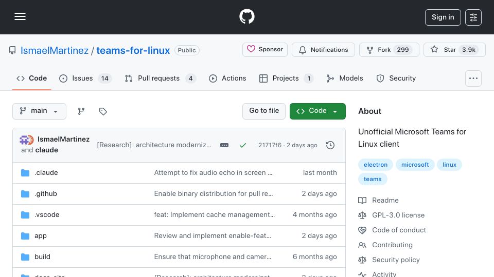 Screenshot of github.com: Unofficial Microsoft Teams client for Linux