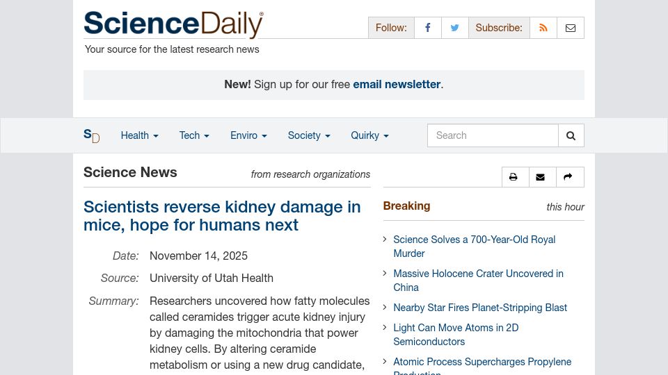 Screenshot of sciencedaily.com: Scientists reverse kidney damage in mice, hope for humans next