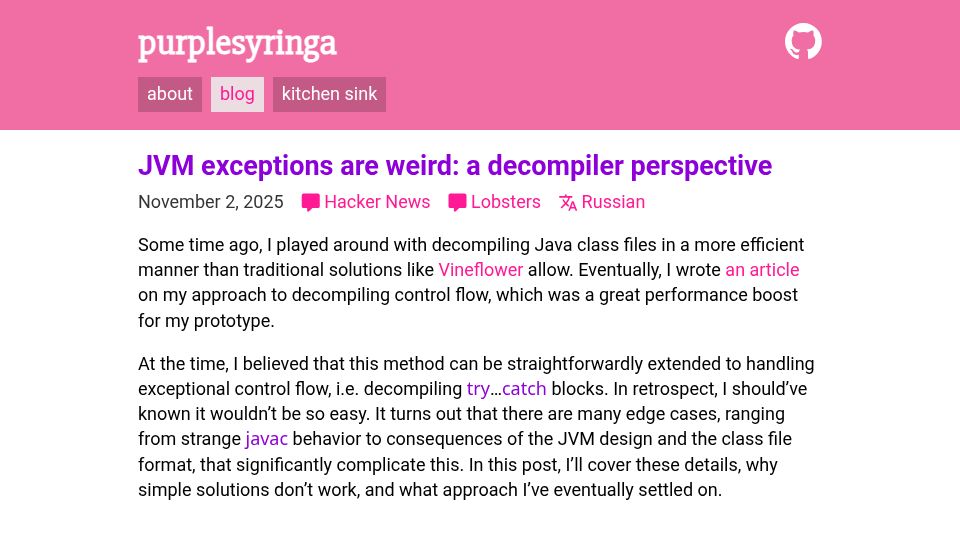Screenshot of purplesyringa.moe: JVM exceptions are weird: a decompiler perspective