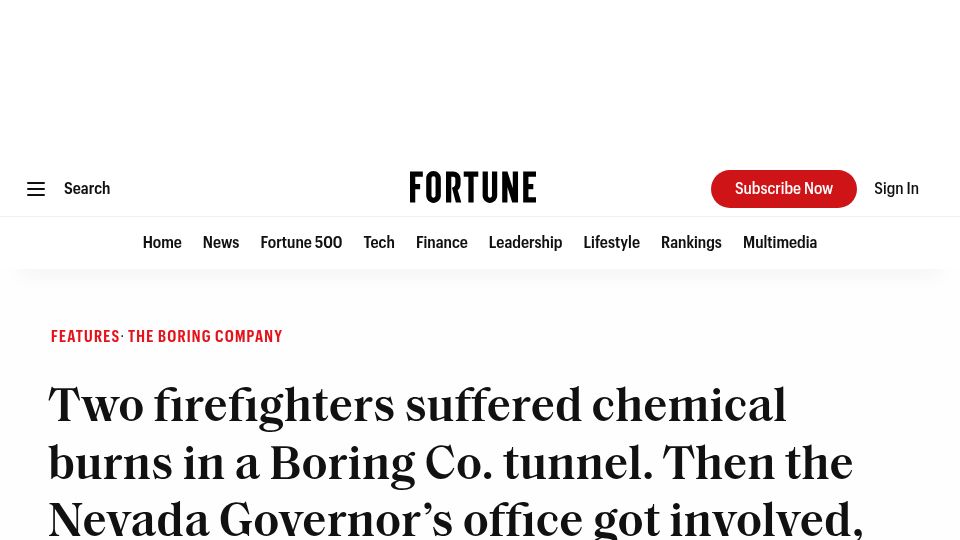 Screenshot of fortune.com: Nevada Governor's office covered up Boring Co safety violations