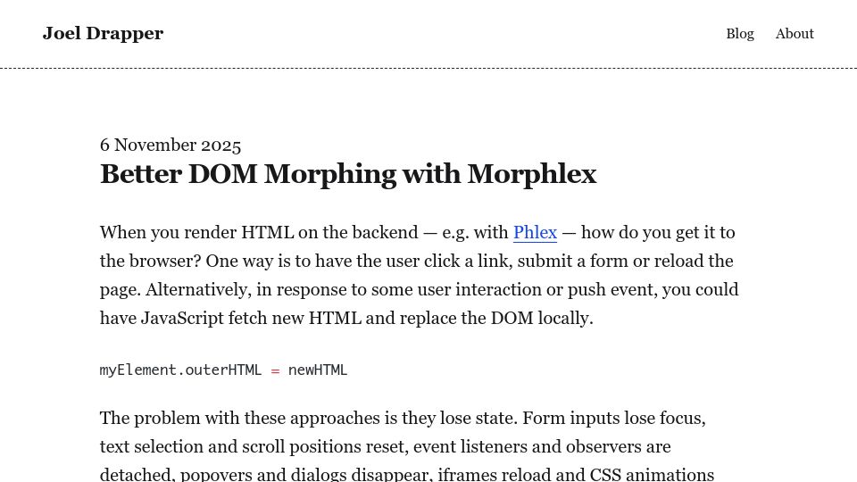 Screenshot of joel.drapper.me: I made a better DOM morphing algorithm