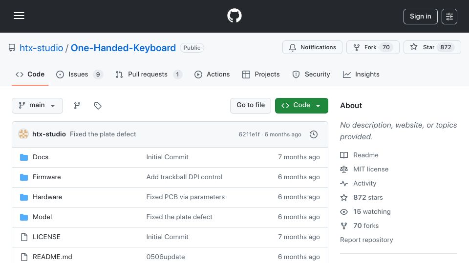 Screenshot of github.com: One Handed Keyboard