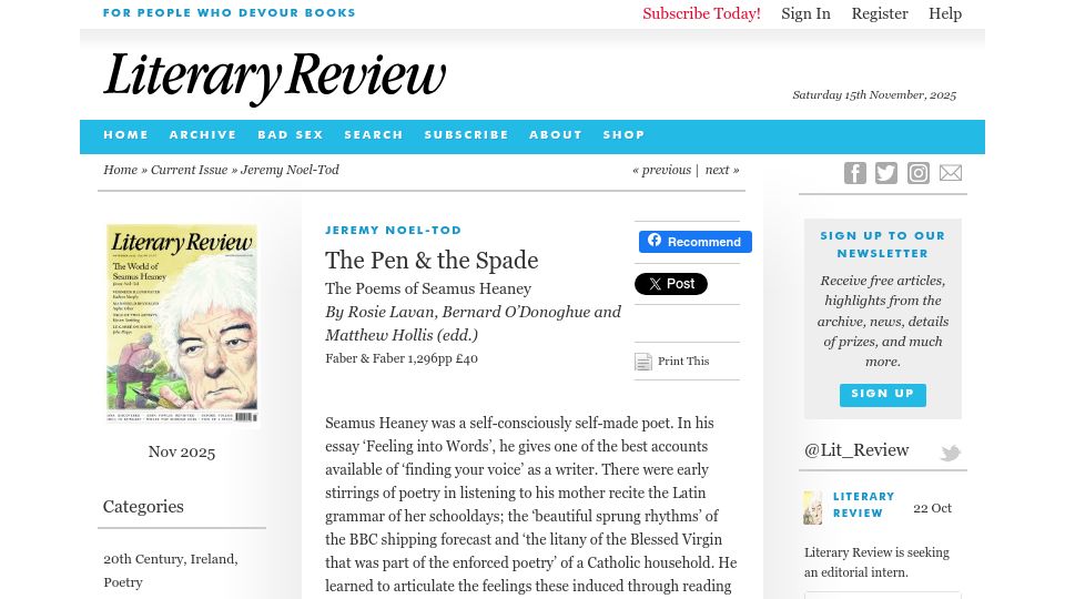Screenshot of literaryreview.co.uk: The Pen and the Spade: The Poems of Seamus Heaney