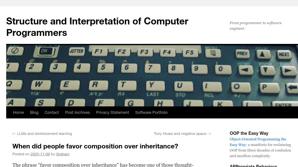 Screenshot of sicpers.info: When did people favor composition over inheritance?