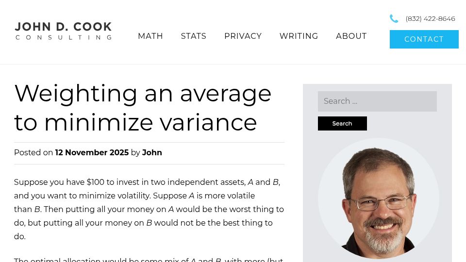Screenshot of johndcook.com: Weighting an average to minimize variance