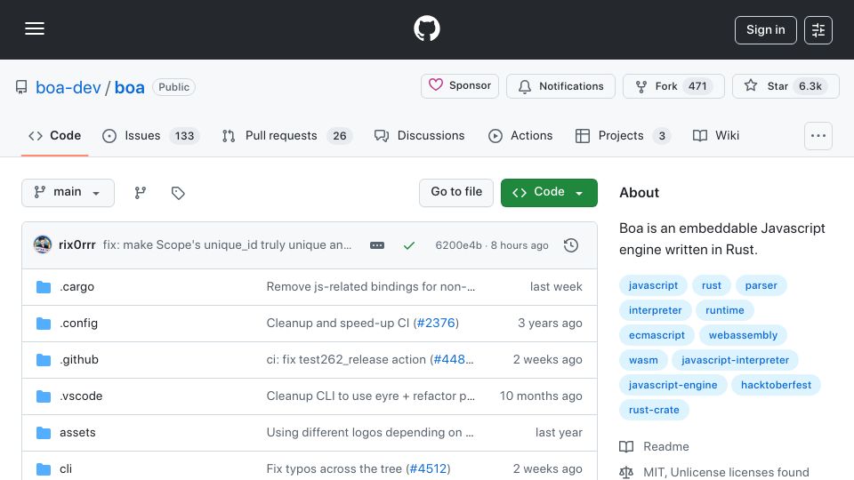 Screenshot of github.com: Boa: A standard-conforming embeddable JavaScript engine written in Rust