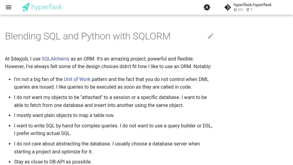 Screenshot of hyperflask.dev: Blending SQL and Python with Sqlorm