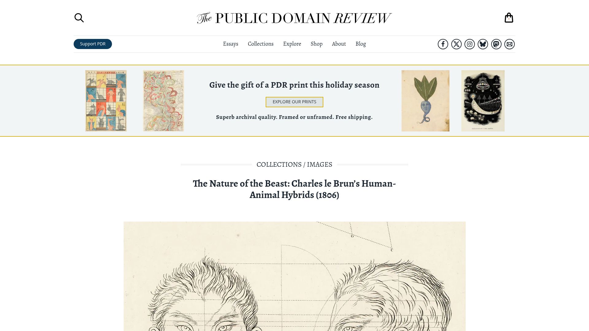 Screenshot of publicdomainreview.org: The Nature of the Beast: Charles Le Brun's Human-Animal Hybrids (1806)