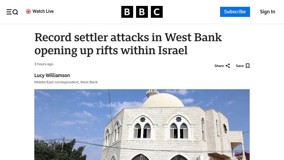 Screenshot of bbc.com: Record settler attacks in West Bank opening up rifts within Israel