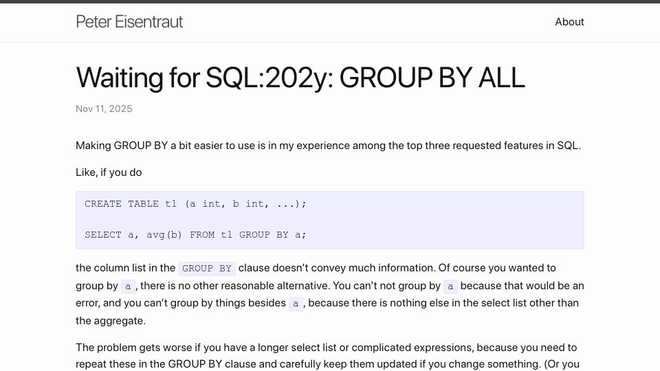 Screenshot of peter.eisentraut.org: Waiting for SQL:202y: Group by All