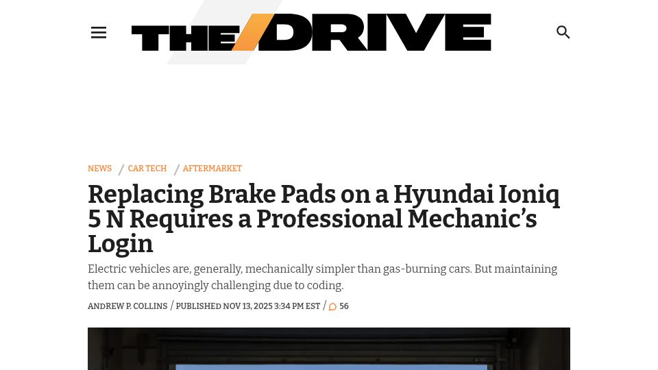 Screenshot of thedrive.com: Hyundai Paywalls Brake Pads replacement on Ioniq 5 N