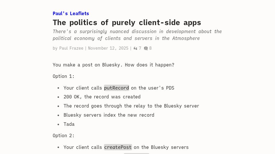 Screenshot of pfrazee.leaflet.pub: The politics of purely client-side apps