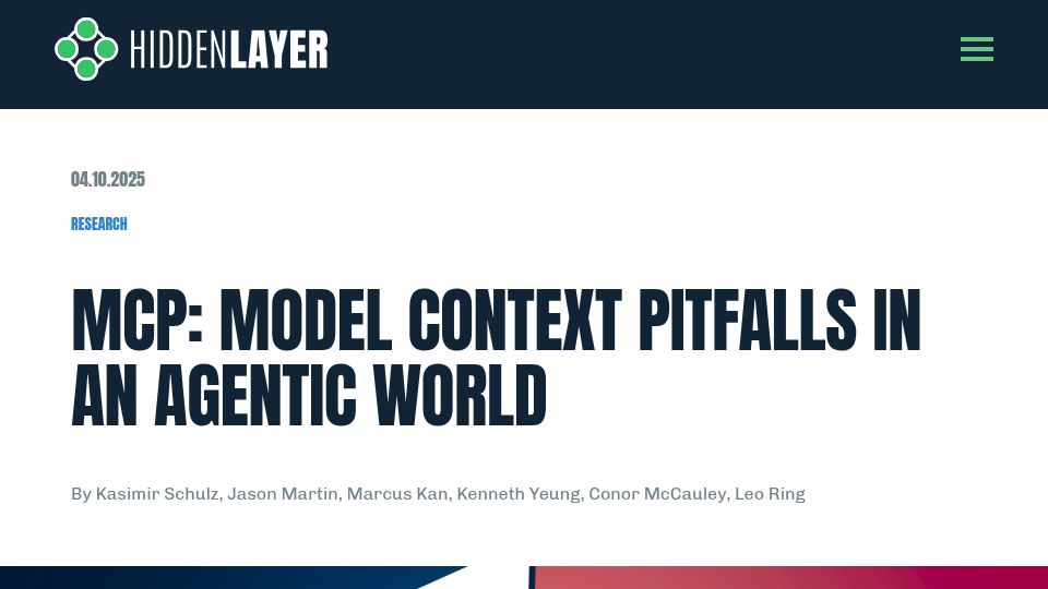 Screenshot of hiddenlayer.com: MCP: Model Context Pitfalls in an agentic world