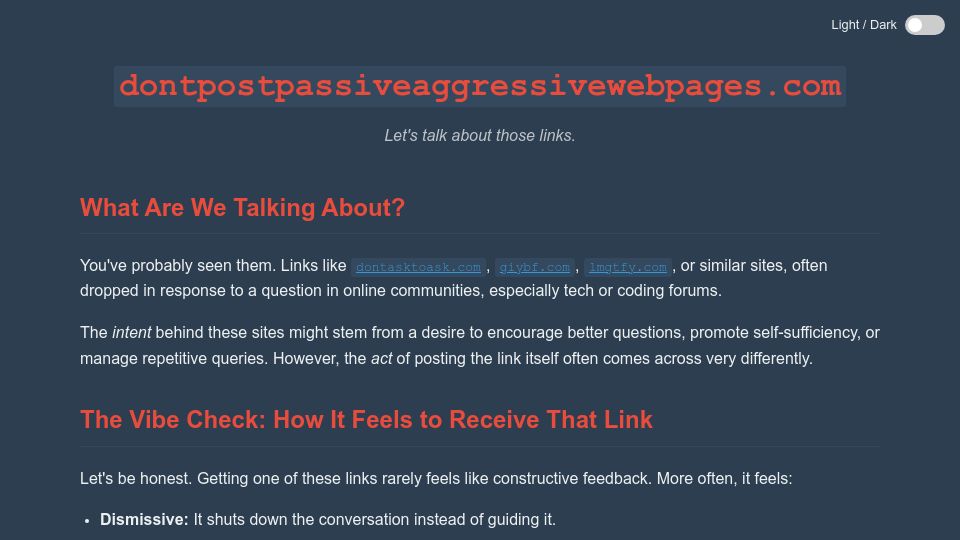 Screenshot of dontpostpassiveaggressivewebpages.com: Don't Post Passive-Aggressive Webpages