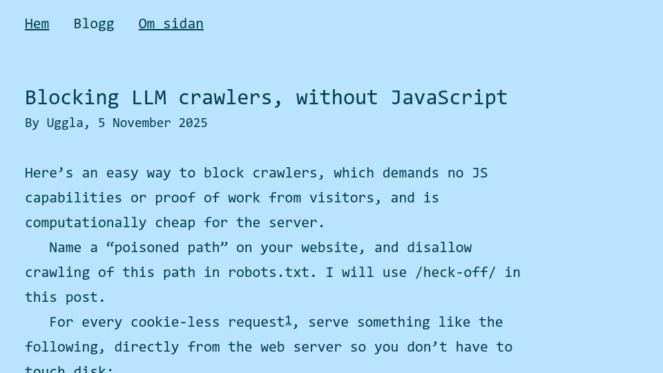 Screenshot of owl.is: Blocking LLM crawlers without JavaScript