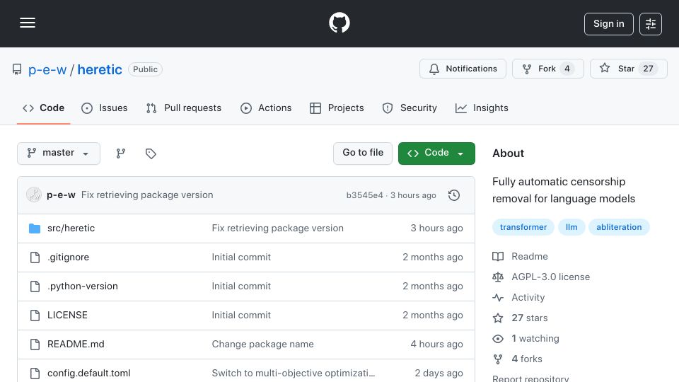 Screenshot of github.com: Heretic: Automatic censorship removal for language models