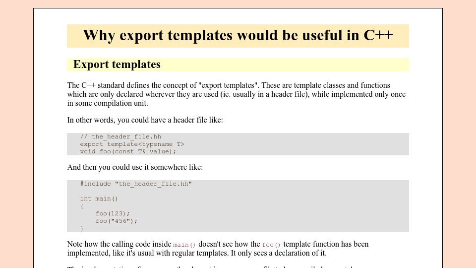 Screenshot of warp.povusers.org: Why export templates would be useful in C++ (2010)