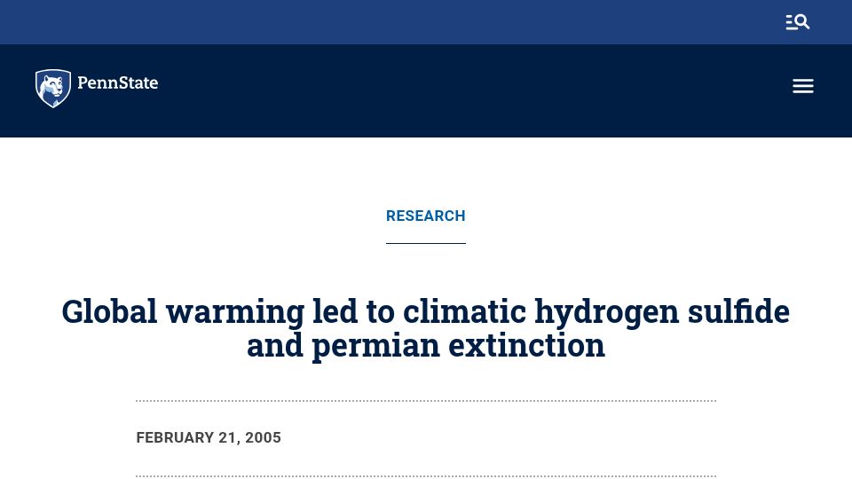 Screenshot of psu.edu: Is our death from a hydrogen sulfide event inevitable in climate warming? (2005)