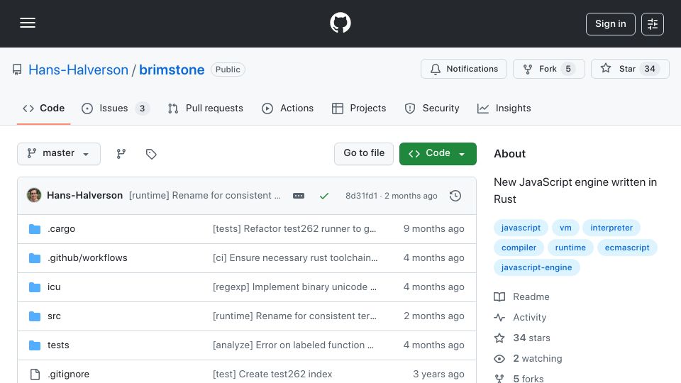 Screenshot of github.com: Brimstone: ES2025 JavaScript engine written in Rust