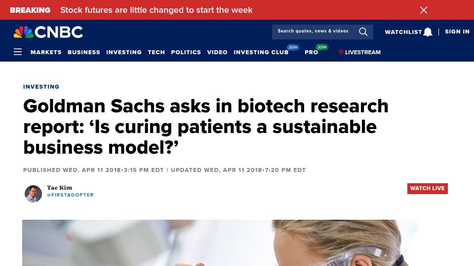 Screenshot of cnbc.com: Goldman Sachs asks in biotech Report: Is curing patients a sustainable business? (2018)